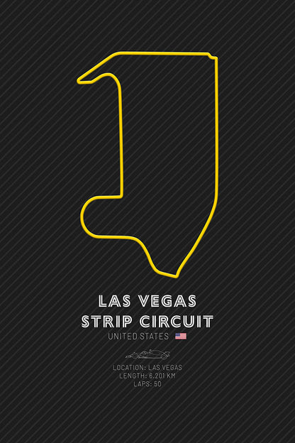 Minimalist art print of the Las Vegas Strip Circuit F1 track layout, featuring a striking yellow outline on a black background that highlights the city’s neon-lit backdrop.