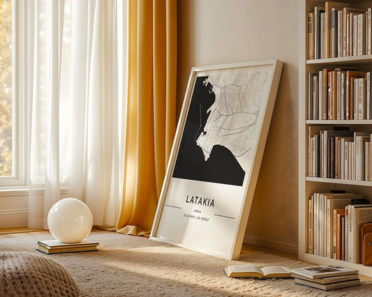 A bright room with large windows and yellow curtains features a FN Prints Latakia City Map leaning against the wall on a beige carpet. Crafted on museum-quality fine art paper, it complements the spherical white lamp and books on the floor. To the right, a shelf filled with books stands.