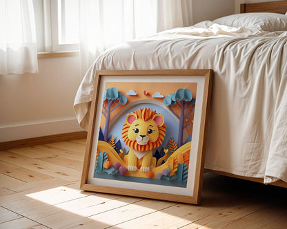 A framed illustration titled "Lavi The Lion Cub" by FN Prints leans against the bed in a sunlit room. The wooden floor and white curtains add warmth to the scene, while this charming piece of children's digital art features trees and foliage in the background.