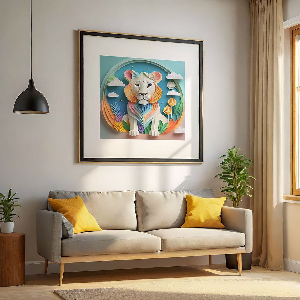 A cozy living room showcases a beige sofa adorned with two yellow cushions, complemented by a potted plant and charming artwork titled "Layla The Lioness" from FN Prints. Overhead, a black pendant lamp hangs, while natural light flows through a large window framed with beige curtains.