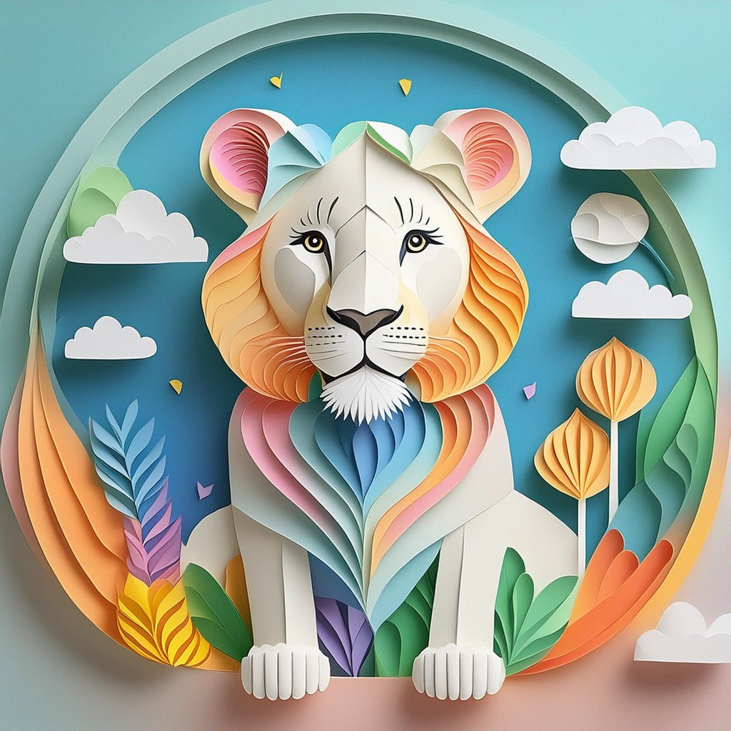 FN Prints' "Layla The Lioness" features a vibrant paper-cut art of a lion surrounded by nature-themed elements such as clouds, leaves, and plants. The lion has a white face with a rainbow-colored mane, creating a captivating and cheerful scene against a whimsical nature landscape set in pastel tones.