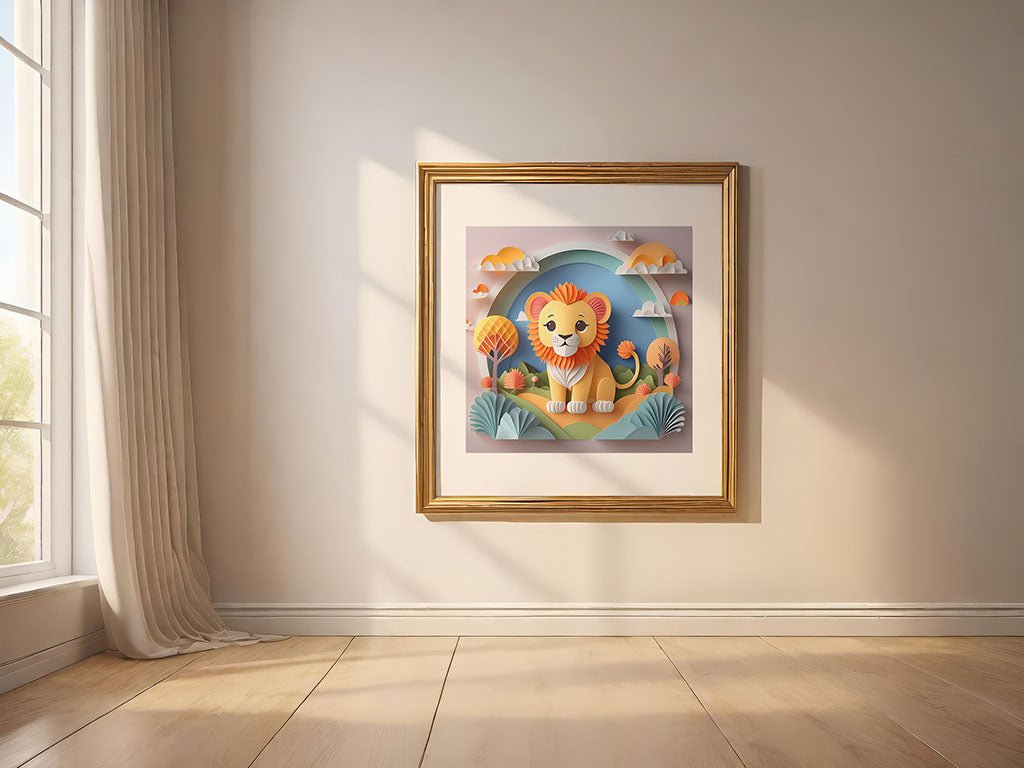 A framed digital art print titled "Laylan The Lion Cub" from FN Prints adorns a beige wall, depicting a cheerful lion surrounded by trees and clouds. Sunlight filters through a window with white curtains, casting playful shadows on the wooden floor, making it ideal for inspiring imaginative play in children's spaces.