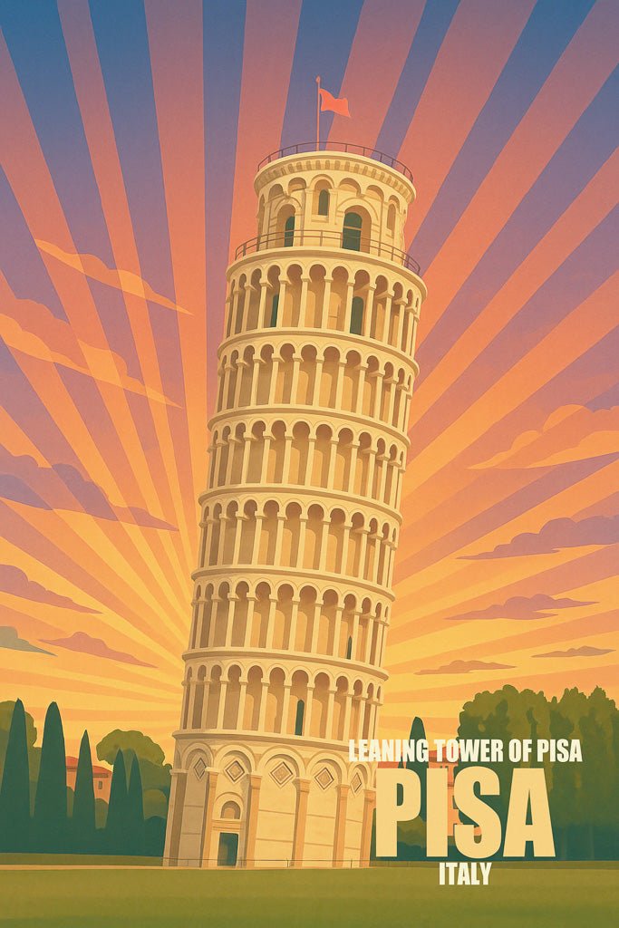 Illustration of the Leaning Tower of Pisa at sunset with English text and sunburst sky.
