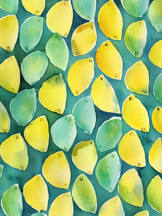 A bright and vibrant watercolor art print featuring a pattern of lemons in shades of yellow and green against a soft blue-green background.
