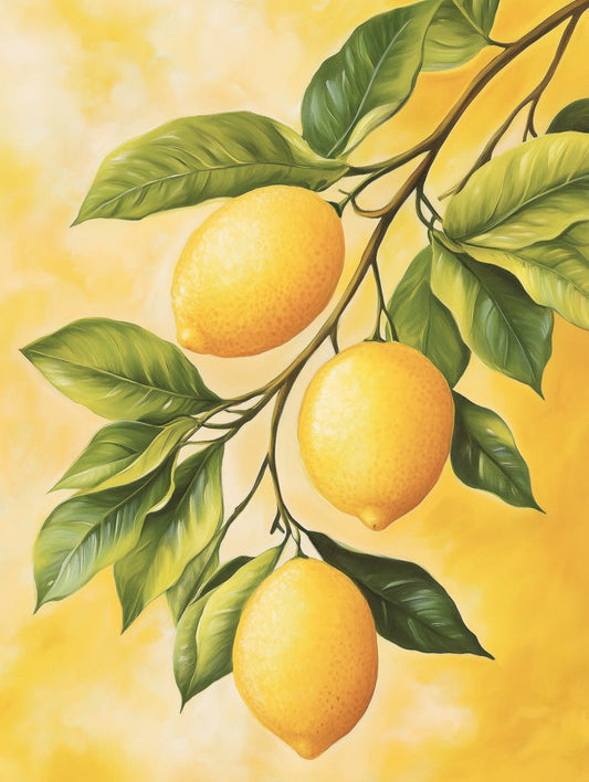 A bright and fresh art print featuring three ripe lemons on a leafy branch, set against a soft yellow background, symbolizing freshness and vitality.