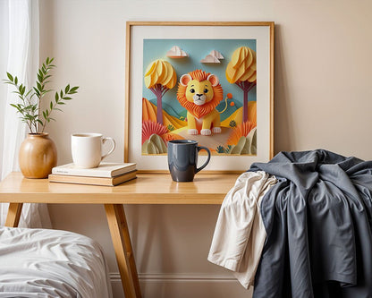 A wooden table holds stacked books alongside a white mug and navy mug, positioned in front of FN Prints' framed digital artwork "Lenny The Lion Cub," which beautifully depicts a lion in nature's colorful landscape. A small potted plant and a draped gray blanket enhance the cozy atmosphere, mirroring the intricate folded paper effect.