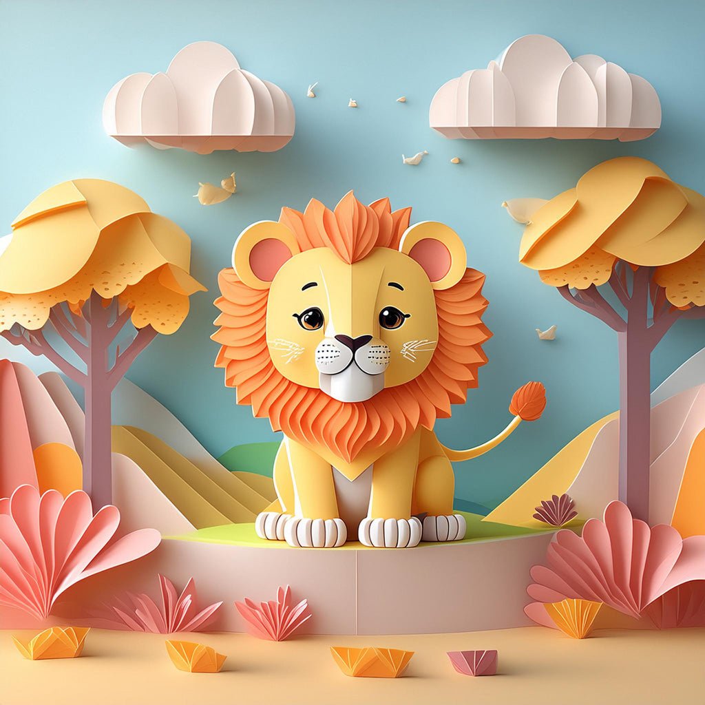 The Lex The Lion Cub artwork from FN Prints showcases a vibrant and whimsical digital illustration featuring a cute lion cub with a bright yellow mane, seated within a colorful paper-crafted landscape. This charming children's wall art includes stylized trees, plants, hills, and clouds set against a light blue sky adorned with small birds, all highlighting the folded paper effect in its design.