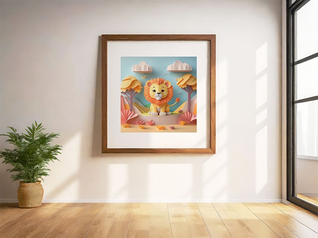 A framed digital art print titled "Lex The Lion Cub" by FN Prints adorns a white wall in a bright room. This playful depiction of a lion cub set in a colorful, stylized landscape perfectly suits spaces for children. The room features wooden flooring, a small potted plant, and is illuminated by natural light streaming through a large window.