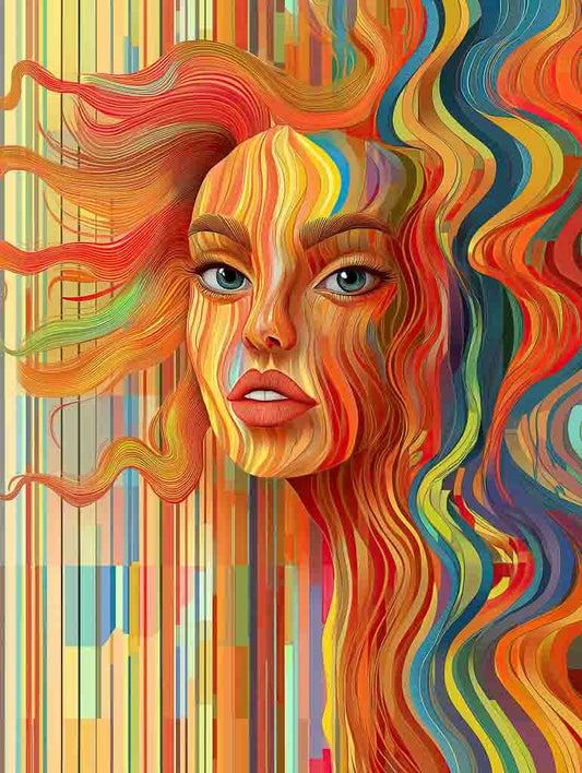 The "Lines And Waves" artwork by FN Prints features a lively and vibrant multicolored palette that brings this digital piece to life. It showcases an abstract illustration of a woman's face, complete with flowing hair in captivating shades of orange, blue, and yellow. The Art Nouveau-inspired background integrates vertical stripes that seamlessly blend with the hair, creating a dynamic fluid effect.