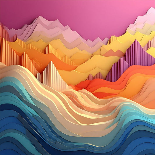 Introducing "Lines Of The Land" by FN Prints: a vibrant, digital art piece crafted from layered paper cutouts. This striking scene showcases waves in vivid shades of blue and turquoise at the bottom, seamlessly transitioning to hills and abstract rock formations in hues of yellow, orange, red, and purple against a stunning pink sky.