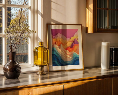 The vibrant "Lines Of The Land" digital art painting by FN Prints, elegantly framed in gold, graces a wooden sideboard. Accompanying it are a brown vase filled with dried flowers, a yellow glass bottle, and a tall white cylindrical object. As sunlight streams through the nearby window, vivid colors illuminate and accentuate the abstract rock formations depicted within the artwork.