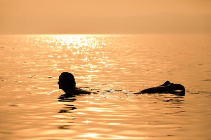 Fine art photography silhouette of a person floating in the shimmering golden water of the Dead Sea in Jordan during sunset.