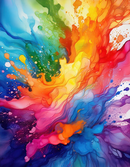 The digital artwork "Liquid Palette" by FN Prints showcases a vibrant explosion of colors with swirling patterns in a rainbow spectrum, seamlessly transitioning from reds and oranges to blues and purples. Its vivid splatters and flows create a dynamic, energetic abstract.