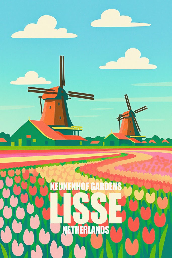 Illustration of tulip fields and windmills in Lisse, Netherlands, with English place names and a retro color palette.