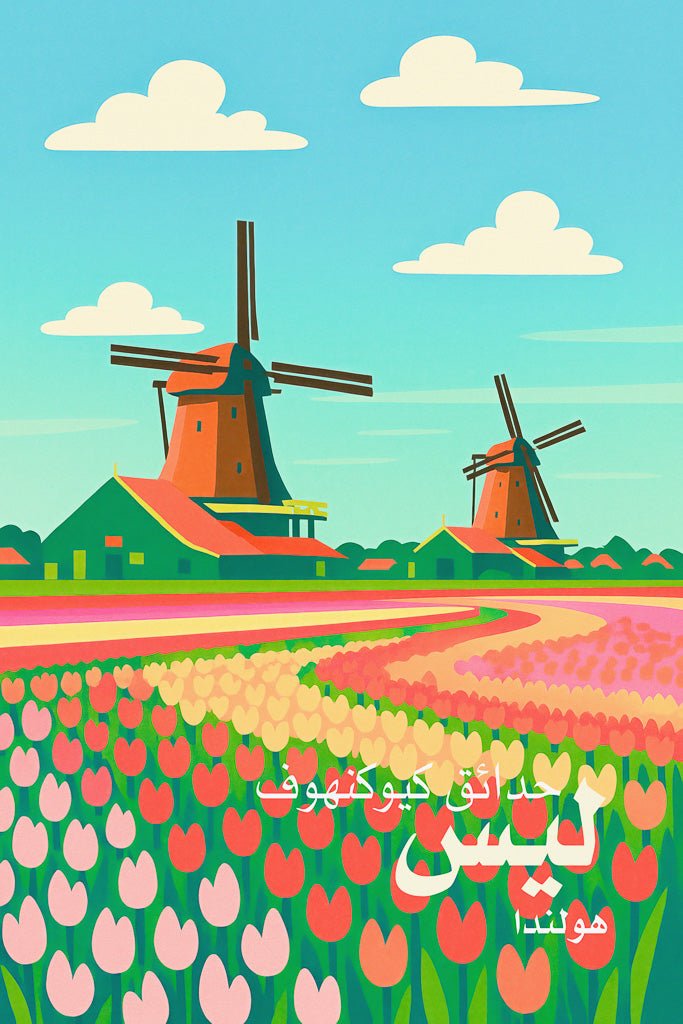 Illustration of tulip fields and windmills in Lisse, Netherlands, with Arabic place name and a retro color palette.