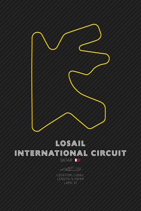 Minimalist art print featuring the layout of the Losail International Circuit with a yellow outline on a dark background, symbolizing the vibrant and high-speed action of Formula 1 in Qatar.
