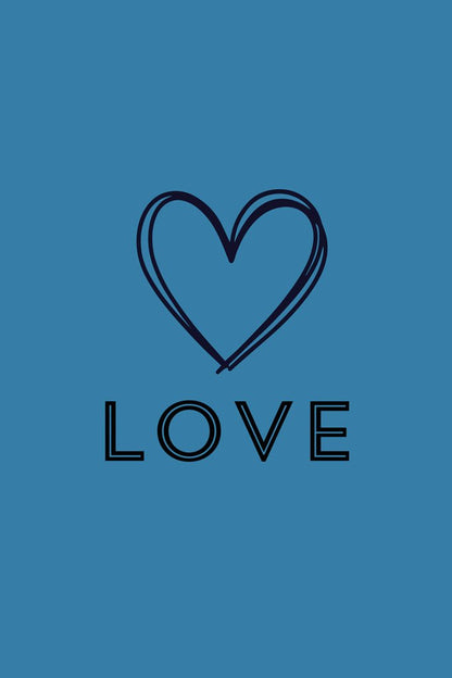 The FN Prints "Love" poster features a charming line art heart design placed above the word "LOVE" on a solid blue background, making it ideal for home decor.