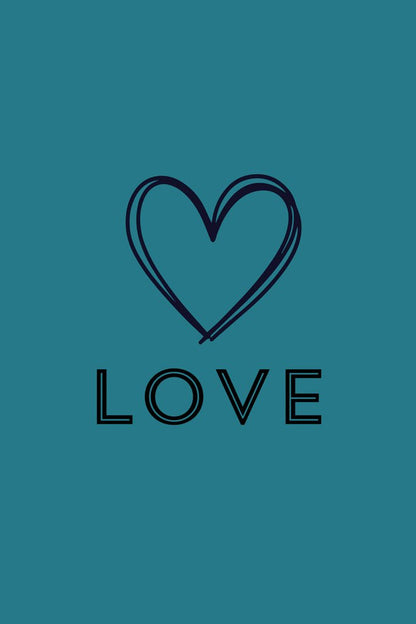 Experience a minimalist artwork ideal for home decor, showcasing FN Prints' "Love," which features a hand-drawn heart on a teal background with the word "LOVE" in bold black capital letters.