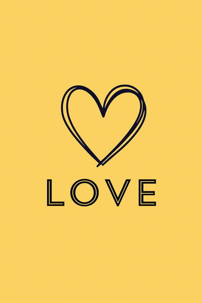 FN Prints' "Love" poster features an elegant heart design above the word "LOVE" set against a sunny yellow background, making it a delightful addition to your home decor.