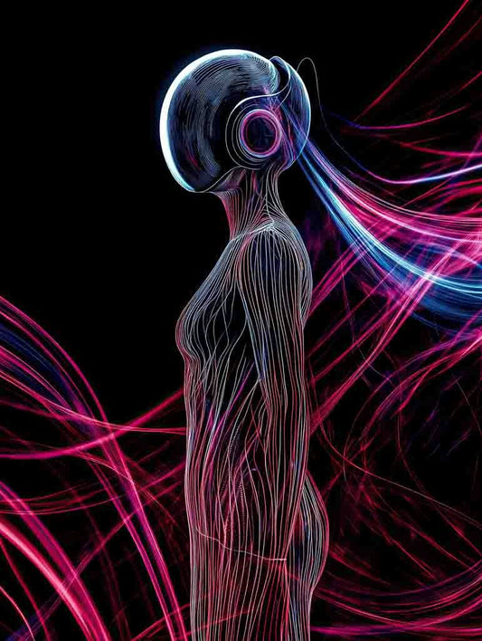 The digital artwork "Luminous Existence" by FN Prints presents a humanoid figure accentuated with neon blue and pink lines, embodying a futuristic aesthetic. Infused with sci-fi inspiration, the figure wears a helmet embellished with luminous details, all set against a black background featuring dynamic abstract lines.