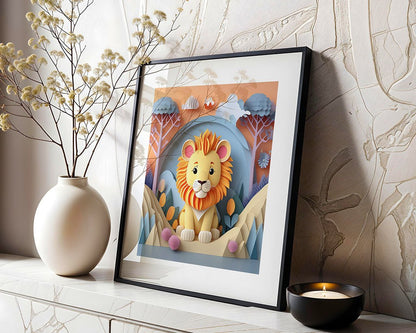 The FN Prints "Lupe The Lion Cub" artwork is elegantly displayed on a white mantel, showcasing a vibrant mane with a unique folded paper effect, surrounded by stylized trees and hills. A white vase holding twigs is placed to the left, while a small lit candle sits to the right.