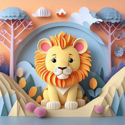 A colorful, whimsical illustration of FN Prints' "Lupe The Lion Cub" made from layered paper art. Lupe, with an orange mane, sits contentedly amid a pastel-colored landscape featuring trees, clouds, and various plants. The background suggests a serene, dreamy environment—perfect for children's room decor.