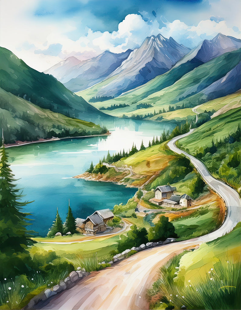 The Lakeside Road print by FN Prints captures a picturesque scene with a winding road that gently leads to a tranquil lake, encircled by verdant green hills and towering mountains. Quaint cottages ideal for lakeside living dot the shoreline, complemented by pine trees scattered throughout the area. The partly cloudy sky adds to the serene and welcoming ambiance of this beautiful landscape.