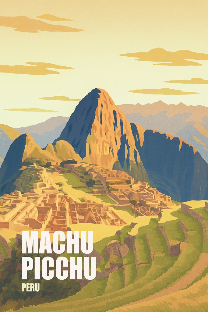Vintage-style illustration of Machu Picchu with Arabic text, golden tones, and Andean mountains.