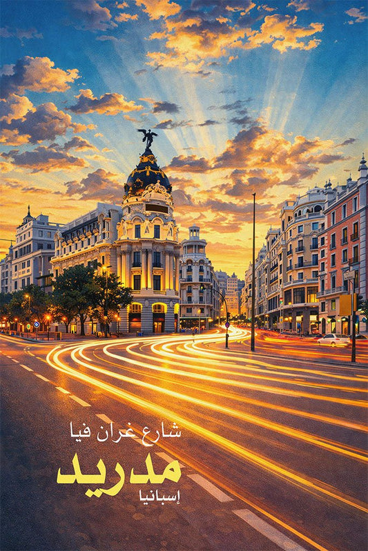 Digital art poster of Gran Via Street in Madrid, Spain, at sunset, featuring light trails from cars, the historic Metropolis Building, and golden sunlight rays through clouds.