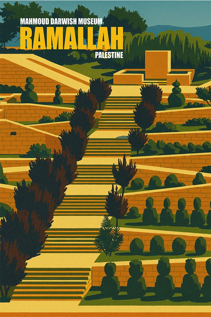 Vintage travel poster of the Mahmoud Darwish Museum in Ramallah, Palestine, with terraced stone gardens, trees, and warm ochre tones.