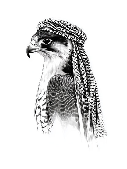 An elegant black and white illustration of a falcon wearing a traditional Arab headscarf, symbolizing nobility and resilience.