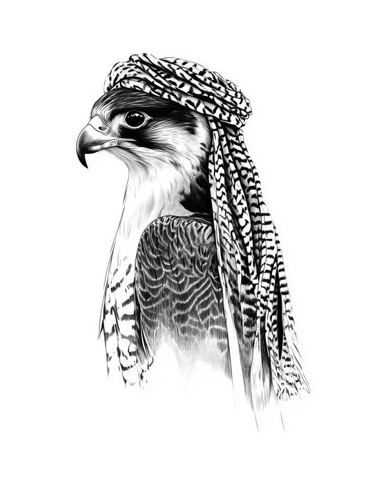 An elegant black and white illustration of a falcon wearing a traditional Arab headscarf, symbolizing nobility and resilience.