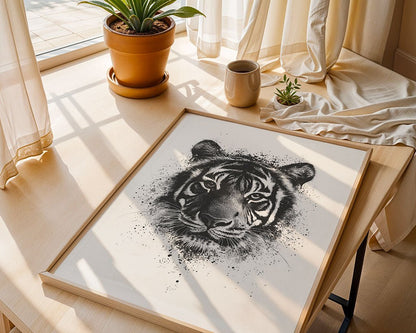 The Majestic Guardian – Monochrome Tiger Art Print by FN Prints is displayed on a wooden table with a potted plant, a small succulent, and a ceramic mug. Sunlight filters through sheer curtains, creating delicate shadows that enhance the tiger art's captivating presence.