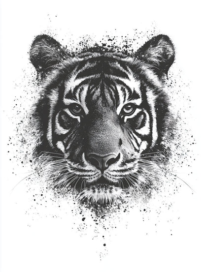 The Majestic Guardian - Monochrome Tiger Art Print by FN Prints features a black and white illustration of a tiger's face, centered, with splattered ink effects that create a dynamic and artistic look for this captivating big cat artwork.