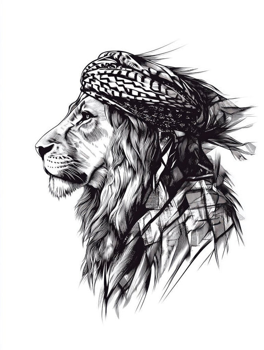 A black-and-white illustration of a lion with a traditional headscarf, symbolizing strength and cultural heritage.