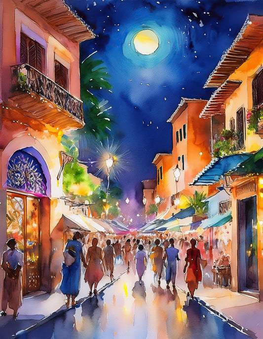 Experience the vivid charm of a Moroccan marketplace at night with FN Prints' "City Nights: Moroccan Marketplace." This vibrant watercolor painting captures people strolling along the brightly lit street, lined with bustling stalls and intricate buildings under a starry sky and full moon. The scene bursts with warm lights, rich colors, cultural depth, and a lively atmosphere.