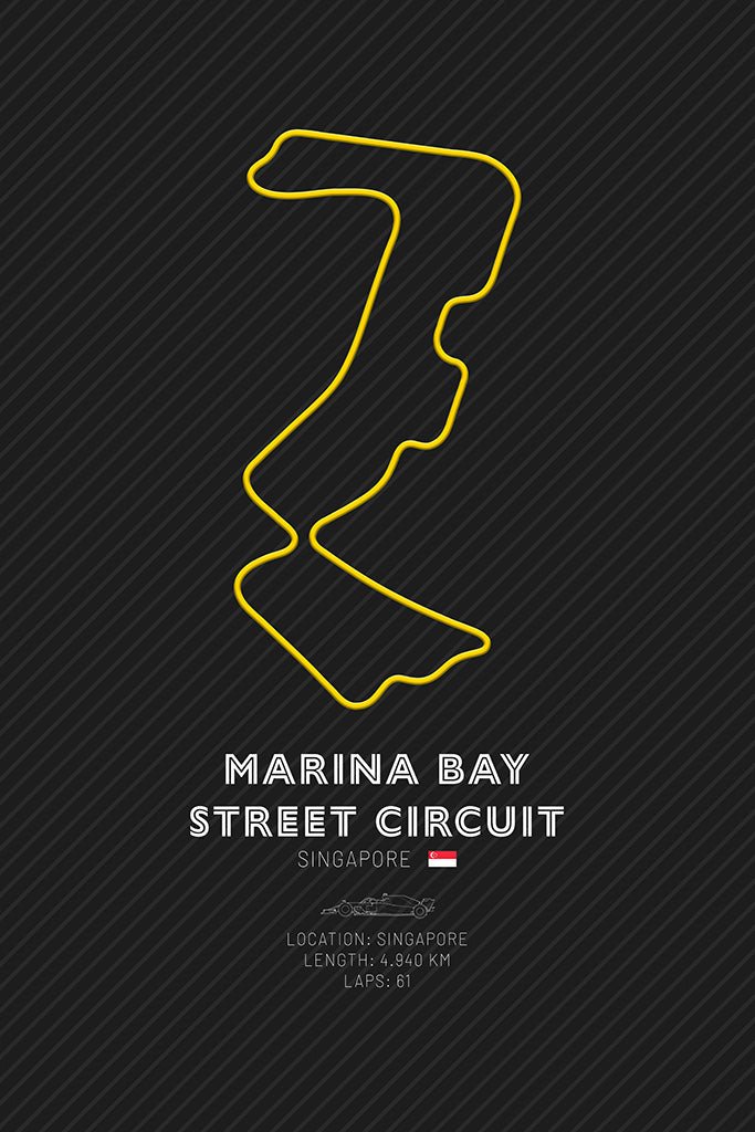 Minimalist art print featuring the layout of the Marina Bay Street Circuit with a yellow outline on a dark background, capturing the exciting essence of Formula 1 racing in Singapore.