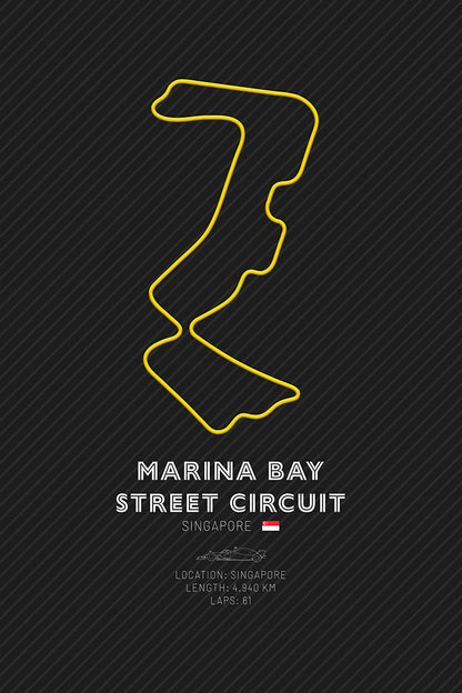 Minimalist art print featuring the layout of the Marina Bay Street Circuit with a yellow outline on a dark background, capturing the exciting essence of Formula 1 racing in Singapore.