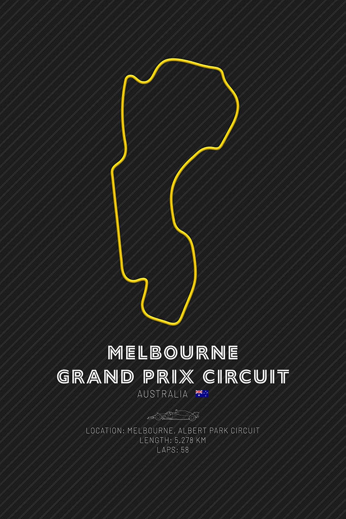 Minimalist art print featuring the layout of the Melbourne Grand Prix Circuit with a yellow outline on a dark background, representing the excitement of Formula 1 racing in Australia.