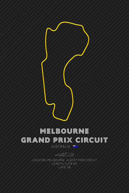 Minimalist art print featuring the layout of the Melbourne Grand Prix Circuit with a yellow outline on a dark background, representing the excitement of Formula 1 racing in Australia.
