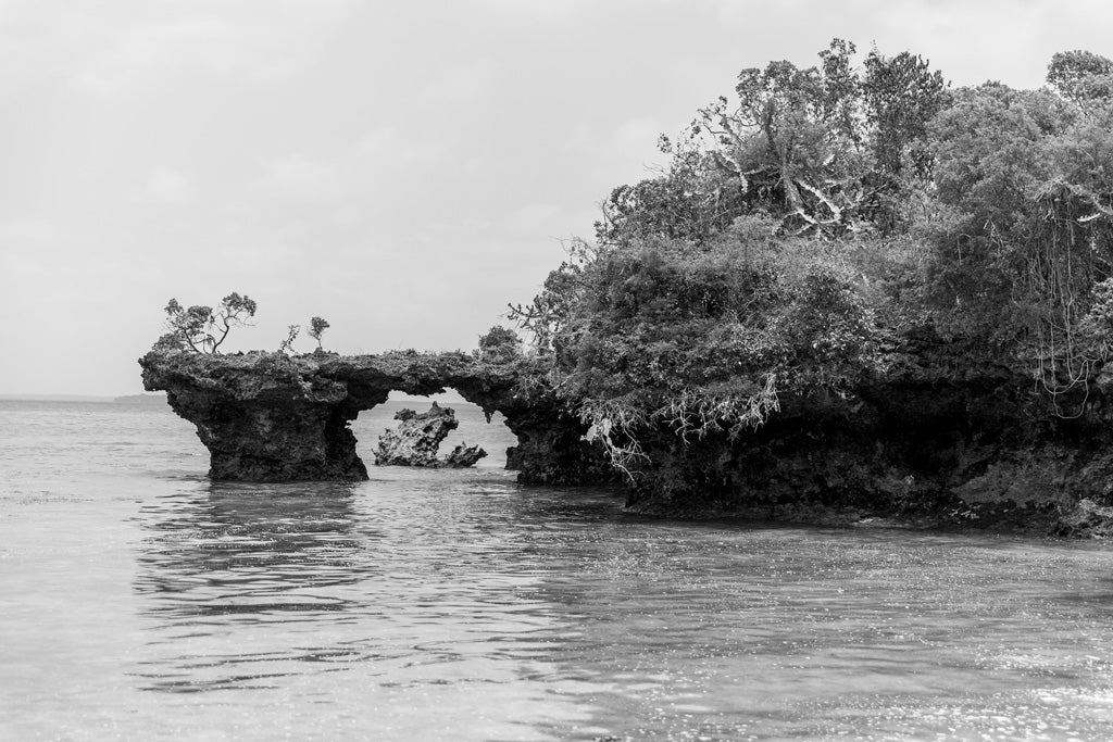 A black and white image from FN Prints' "Menai Bay, Kwale Island" collection showcases a coastal landscape with a natural rock formation arching over the tranquil water. Dense vegetation envelops the rock, reminiscent of those near Kwale Island in Menai Bay Lagoon. The calm sea reflects parts of the rock and sky, creating an atmosphere that is serene and pristine.