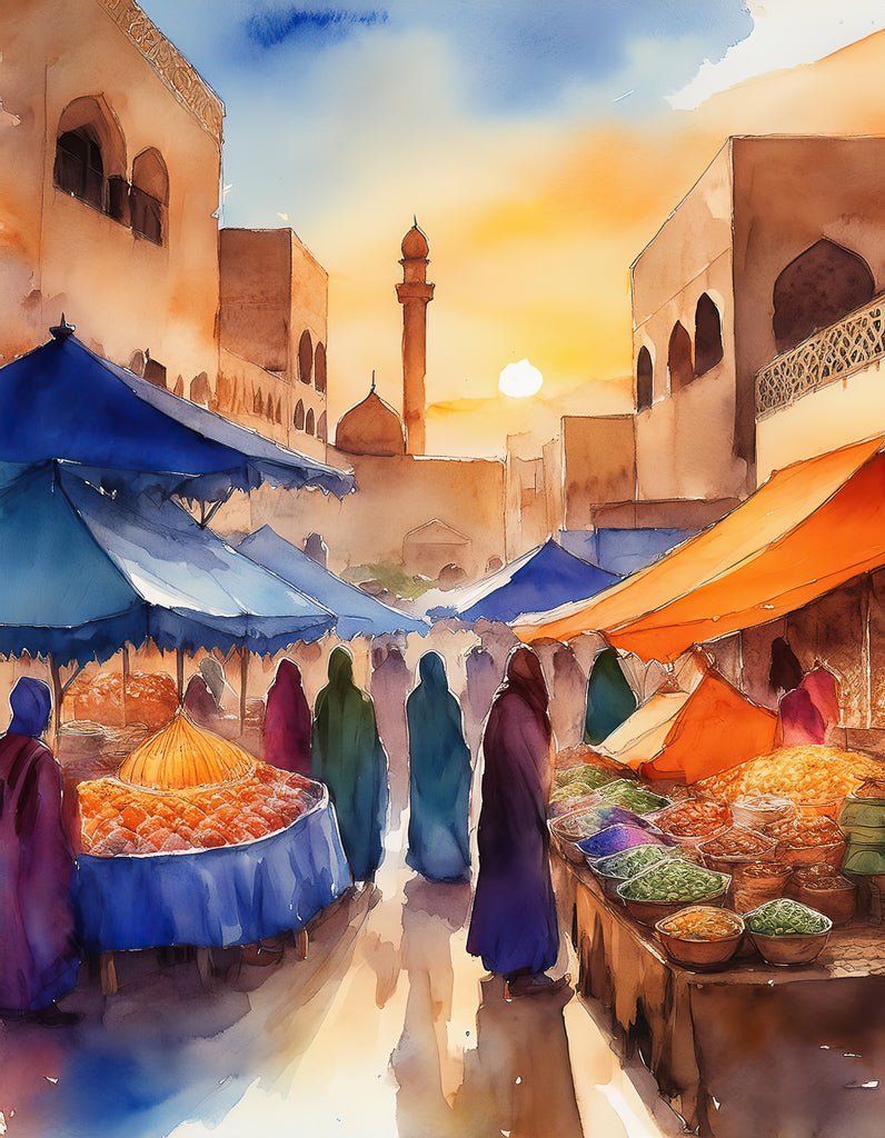 The "Middle East Souk" by FN Prints captures a vibrant market scene painted in watercolor, featuring an array of stalls filled with colorful goods. People in traditional attire browse under large canopies, exuding the lively energy of a Middle Eastern market. An ancient mosque with a tall minaret is visible in the background, set against the warm glow of a setting sun.