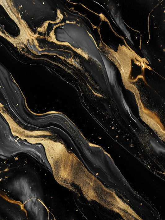 Black abstract artwork with gold fluid lines and glitter-like textures flowing diagonally