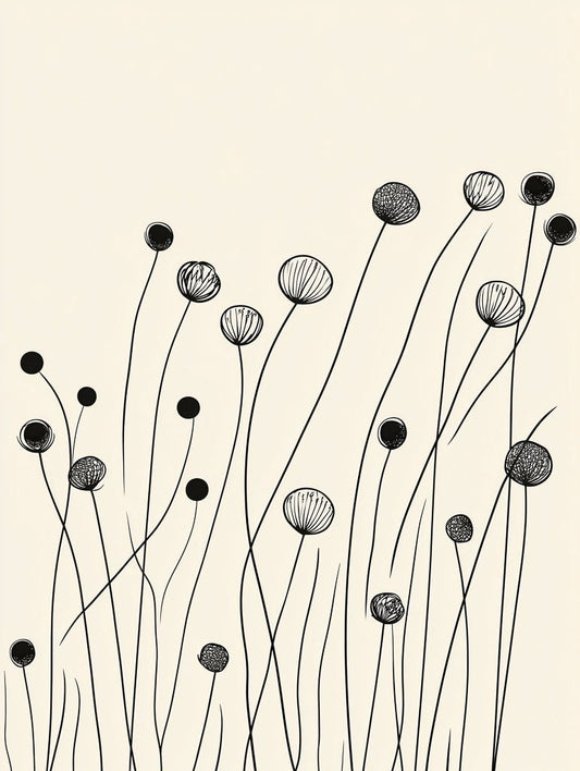 Delicate line art flowers with abstract forms, presented in black ink against a soft, neutral background.