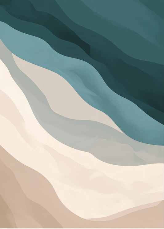 Abstract minimalist wall art of a shoreline, featuring layered curves in teal, blue, beige, and cream resembling ocean waves and sand.