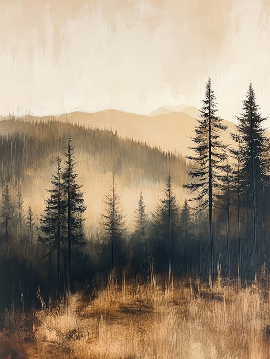Moody pine forest landscape with misty mountains, golden grass, and layered evergreen trees under soft light.
