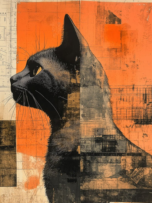 Stylized black cat silhouette in profile on abstract orange and beige background.