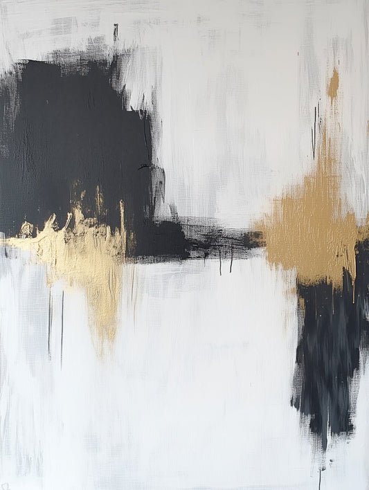Abstract modern art print featuring black, white, and metallic gold brush strokes in a minimalist composition.