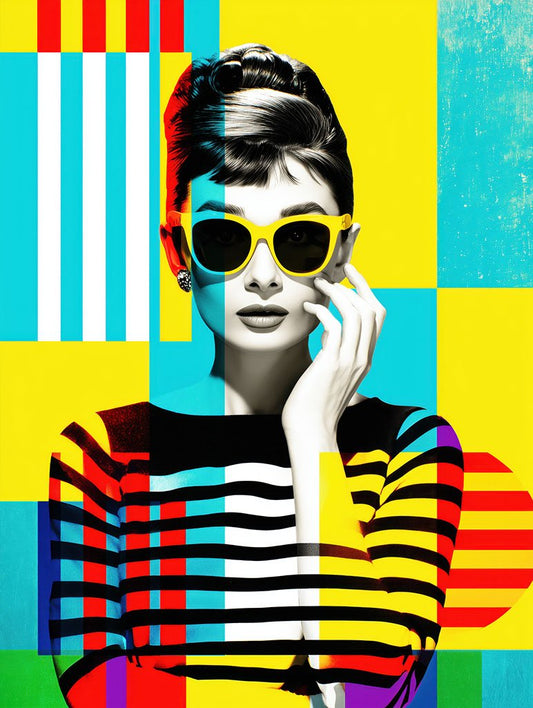 A woman with a vintage hairstyle and yellow sunglasses poses before bold yellow, blue, and red blocks. "Modern Muse" by FN Prints is abstract wall art—ideal for statement piece lovers seeking modern, colorful decor.
