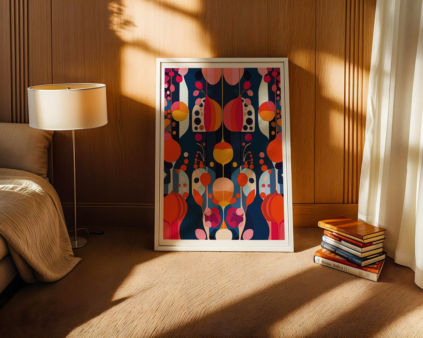 FN Prints' "Modern Symmetry" art piece in a white frame leans against a wooden wall, showcasing vibrant geometric shapes. The scene features a lamp on a side table, books stacked alongside, and natural light streaming through curtained windows.